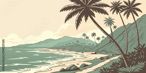 a tropical beach with palm trees on a sunny day Vector