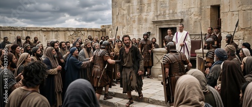 Roman soldiers presenting a prisoner to an angry crowd. Biblical scene of Jesus before Pontius Pilate in a stone courtyard. Dramatic Good Friday historical reenactment