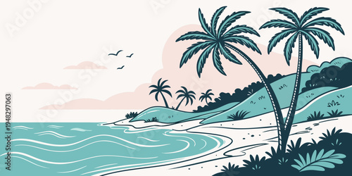 a serene tropical beach with palm trees Vector