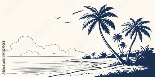 a tropical island with palm trees and birds flying overhead Vector
