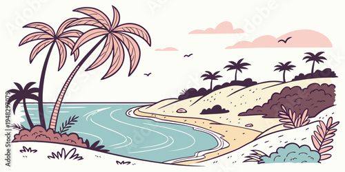 a serene beach scene with palm trees and calm waters Vector
