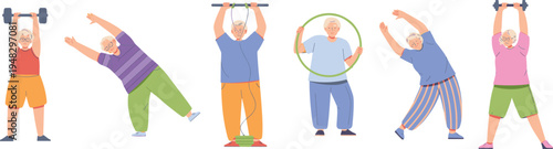 Senior people exercising collection, elderly fitness activities with weights stretching and hula hoop, active healthy lifestyle flat vector illustration