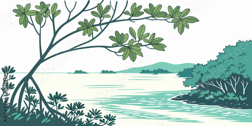 a tree leaning over a body of water Vector