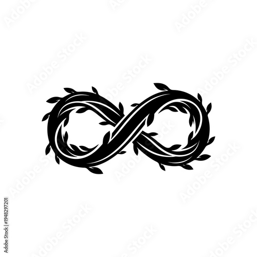 Infinity Symbol Adorned with Leaves and Vines in Black and White.