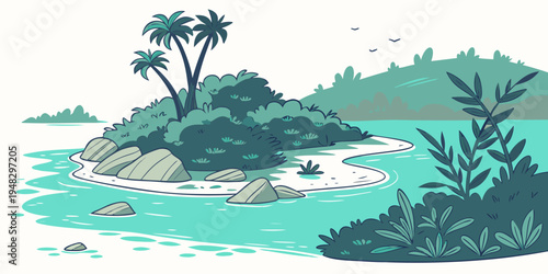 a small island with trees and rocks in the water Vector