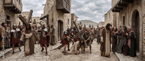 Man with crown of thorns carrying a wooden cross through an ancient stone city. Roman soldiers escorting the procession with a crowd of onlookers. Good Friday biblical narrative
