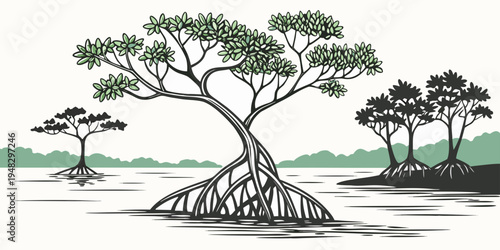 a group of trees growing on a rocky outcrop Vector