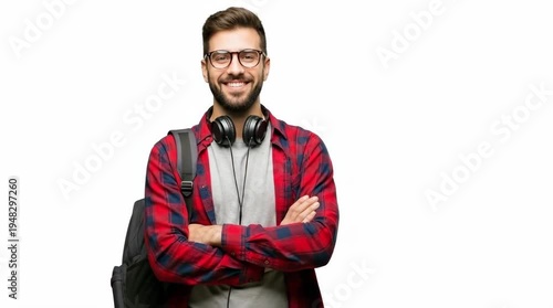 A young man with a backpack and headphones standing confidently