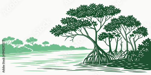 a group of trees on a small island in the water Vector