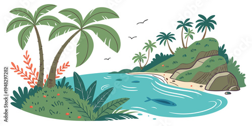 a tropical island with palm trees and blue water Vector