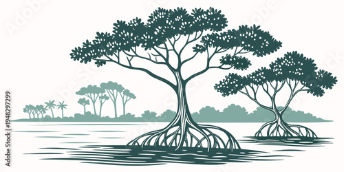 a group of trees growing in shallow water Vector