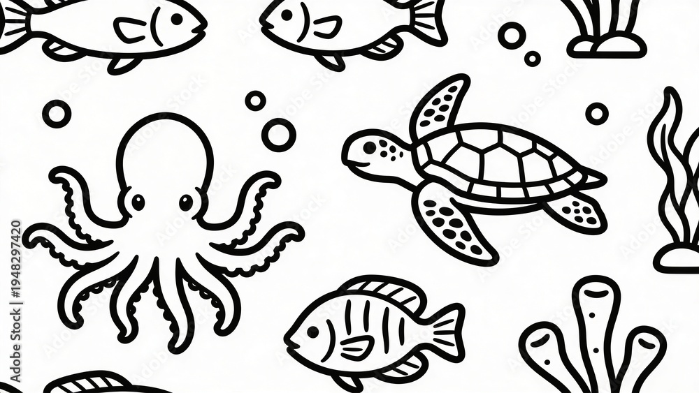Fototapeta premium Aquarium themed animal icon set featuring fish, octopus, sea turtle and aquatic creatures. Clean minimal illustrations suitable for marine education, ocean themes,