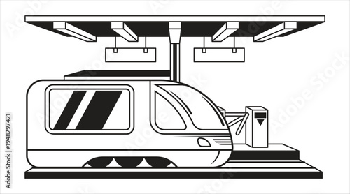 A black and white line art illustration of a modern train station Vector