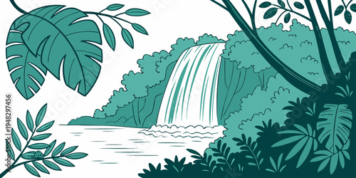 a scenic waterfall in a tropical forest with lush greenery Vector