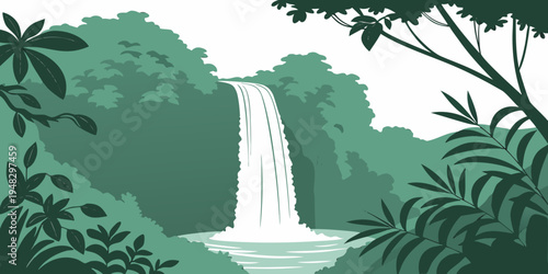 a serene waterfall in a lush green jungle Vector