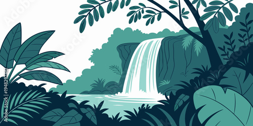 a waterfall in a lush tropical jungle with greenery Vector