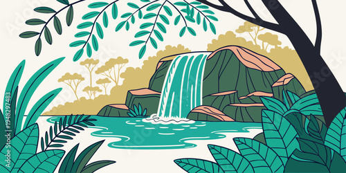 a serene waterfall surrounded by lush greenery Vector
