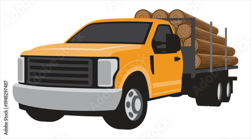 Yellow pickup truck carrying a pile of wooden logs for transport Vector