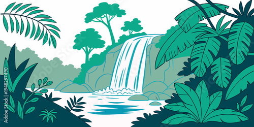 a serene jungle scene with a waterfall Vector