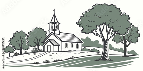 a small church with a steeple and trees Vector