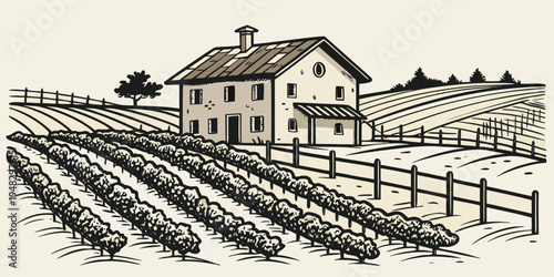 a house on a farm with rows of crops Vector