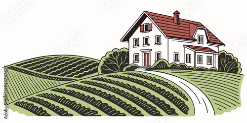 a white house with a red roof on a hill overlooking vineyards Vector