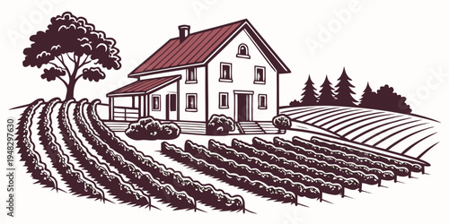 a white house with a red roof sits next to a field Vector