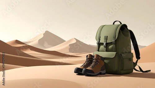 バックパックと登山靴のシンプルで柔らかな3D風イラスト