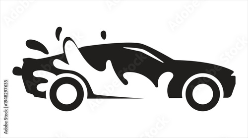Minimalist black and white car icon with dynamic water splash Vector