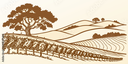 a brown illustration of a vineyard with rolling hills and a large tree Vector