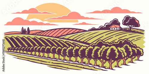 a pixel art illustration of a vineyard at sunset Vector