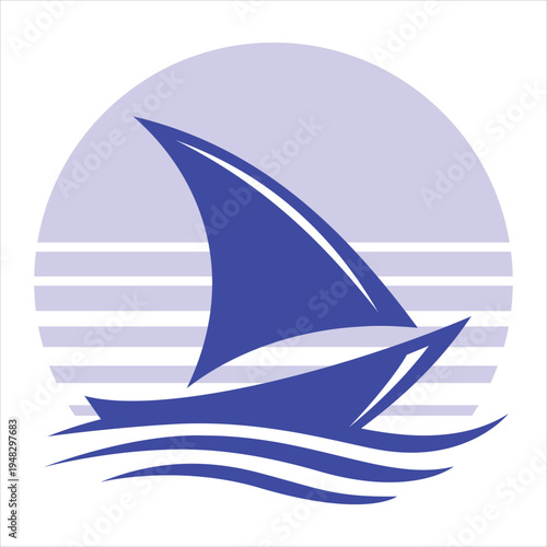A minimalist blue icon of a sailing boat on the ocean water Vector