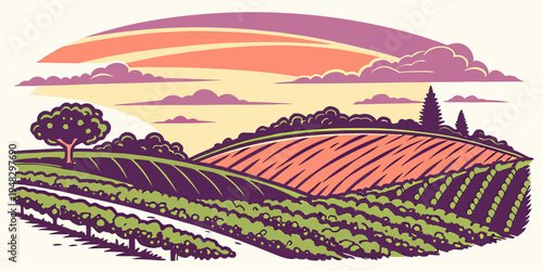 a serene vineyard landscape at sunset with rolling hills and lush greenery Vector