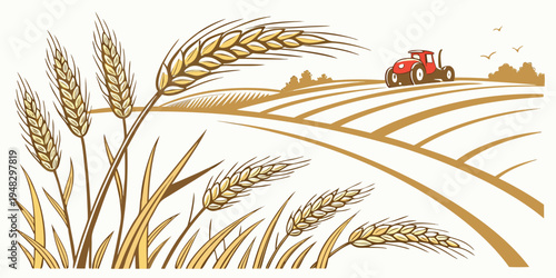a red tractor driving through a field of golden wheat Vector