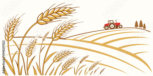 a red tractor driving through a field of wheat Vector