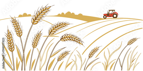 a tractor drives through a field of wheat Vector