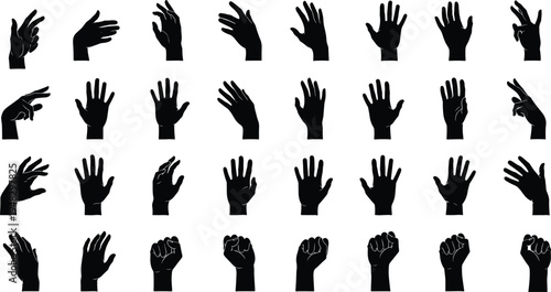 Collection of human hand silhouettes in various poses and gestures including open palms fists pointing and reaching isolated on white background for vector design projects.