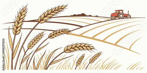 a red tractor driving through a field of wheat Vector
