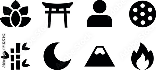 Collection of various black icons on white background