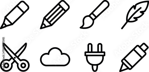 Collection of various office and art supply icons in simple line style