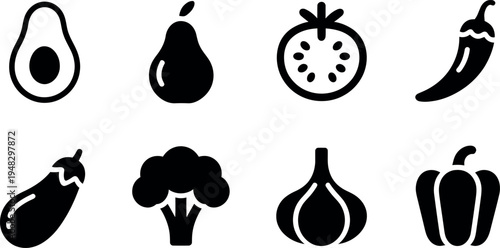 Set of simple vegetable and fruit icons in black color