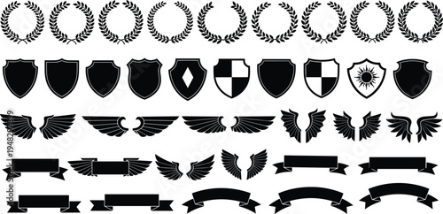 Huge collection of heraldic black silhouettes featuring laurel wreaths shields wings and ribbon banners isolated on white background for premium logo and emblem vector design.