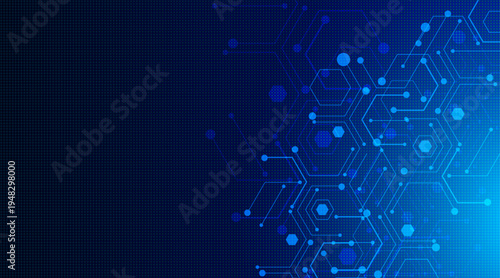 Abstract digital network of interconnected blue hexagons and dots on a dark blue gradient background representing technology and data flow