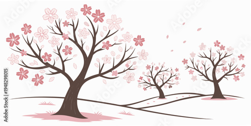 three pink flowering trees in a row with falling blossoms Vector