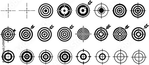 Large collection of black target silhouettes and archery icons featuring various bullseye designs crosshairs and arrows isolated on white background for vector business goals design.