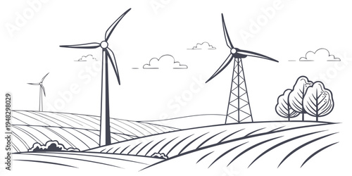 wind turbines in a field with a tree and birds flying overhead Vector