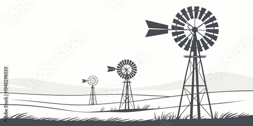 windmills standing tall in a vast open landscape Vector