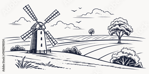 a windmill on a hill with a tree and birds flying overhead Vector