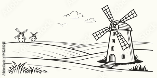 a windmill standing in a field with other windmills in the background Vector