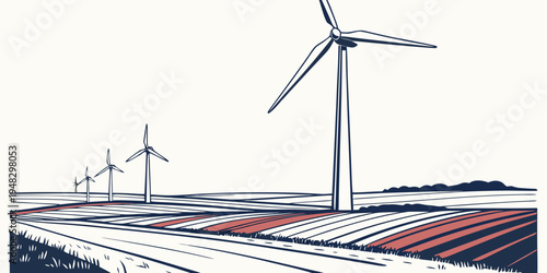 wind turbines on a field with solar panels Vector